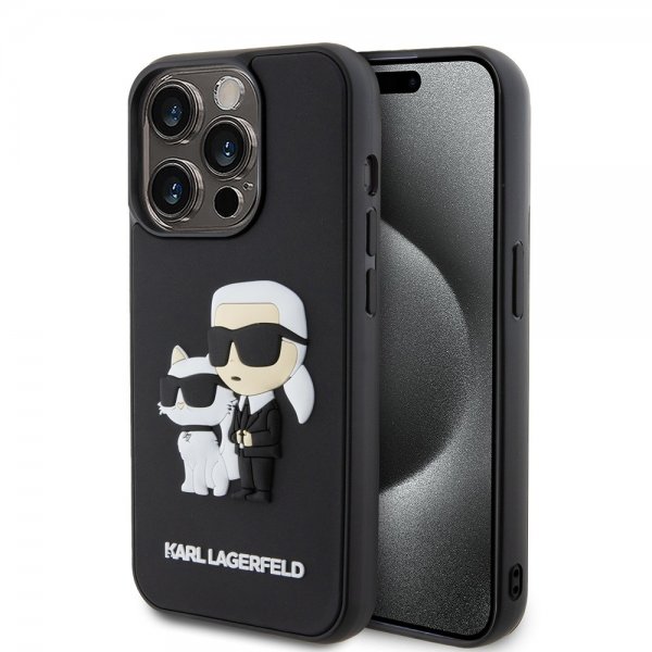 Karl Lagerfeld iPhone 15 Pro Deksel 3D Rubber Karl & Choupette Svart