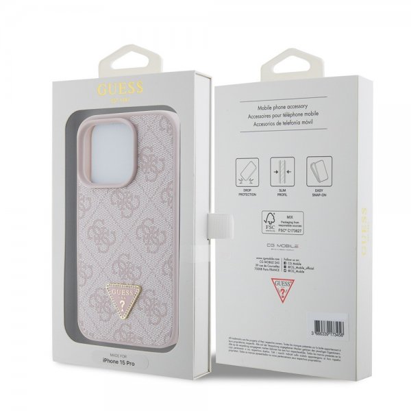 Guess iPhone 15 Pro Deksel 4G Metal Triangle Strass Rosa