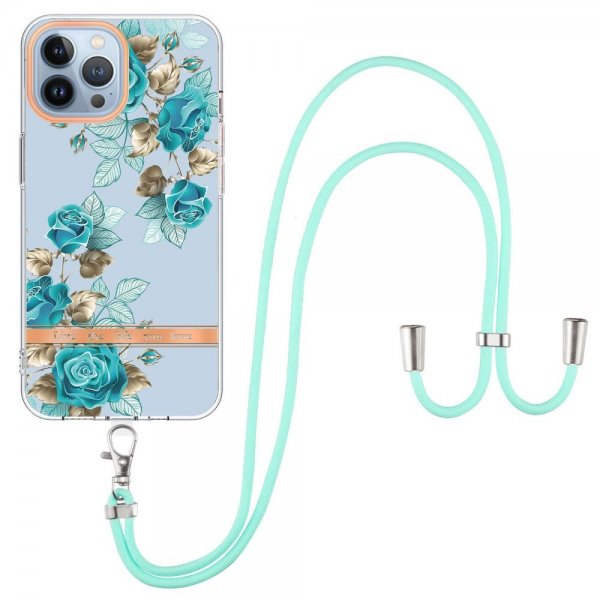 iPhone 15 Pro Deksel Blomstermønster Stropp Blå Rosor