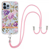 iPhone 15 Pro Deksel Blomstermønster Stropp Lilla Pion
