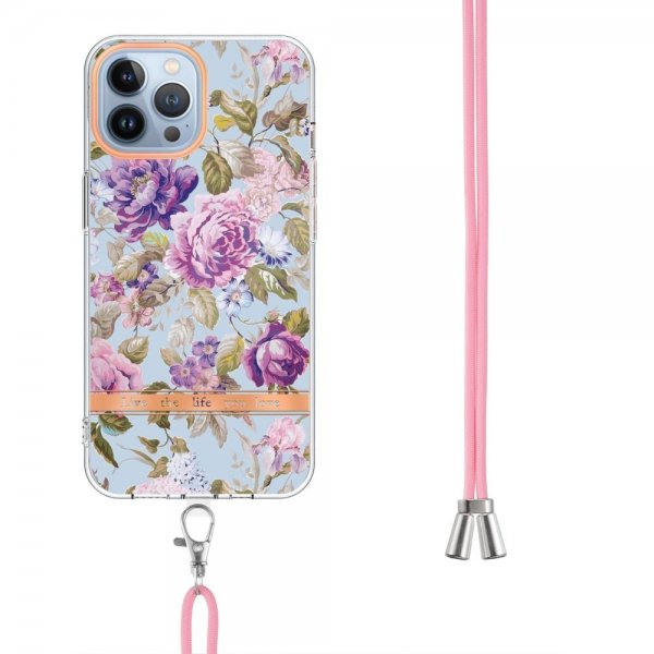 iPhone 15 Pro Deksel Blomstermønster Stropp Lilla Pion