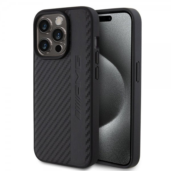 Mercedes Benz iPhone 15 Pro Deksel Carbon Effect Leather Stripe AMG Svart