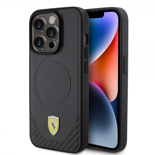 Ferrari iPhone 15 Pro Deksel Carbon PU Leather MagSafe Svart