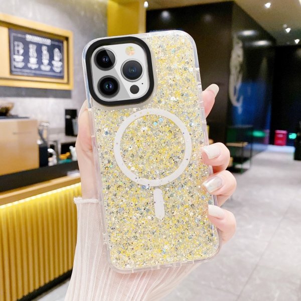 iPhone 15 Pro Deksel Glitter MagSafe Gul