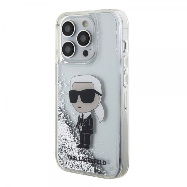 Karl Lagerfeld iPhone 15 Pro Deksel Liquid Glitter NFT Karl Sølv