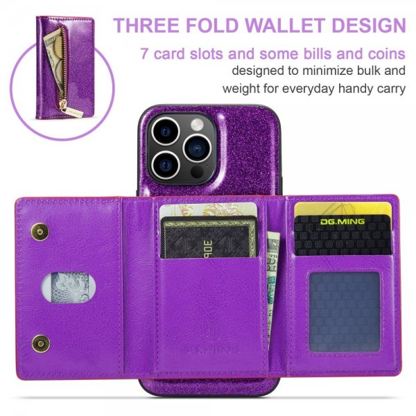 Dg.Ming iPhone 15 Pro Deksel M3 Series Avtakbart Kortholder Glitter Lilla
