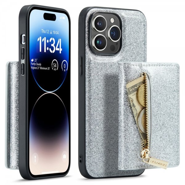 Dg.Ming iPhone 15 Pro Deksel M3 Series Avtakbart Kortholder Glitter Sølv