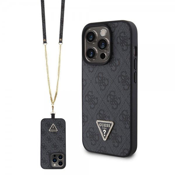 Guess iPhone 15 Pro Deksel Metal Logo Strass Crossbody Strap Svart