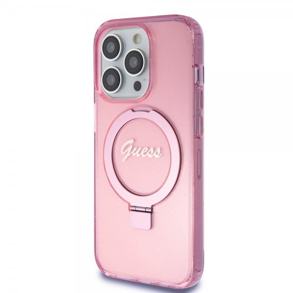 Guess iPhone 15 Pro Deksel Ring Stand Glitter MagSafe Rosa