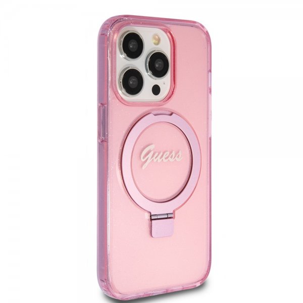 Guess iPhone 15 Pro Deksel Ring Stand Glitter MagSafe Rosa