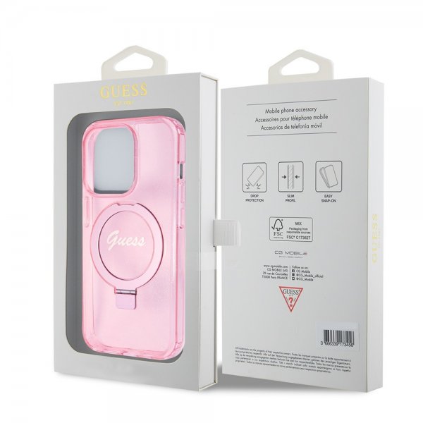 Guess iPhone 15 Pro Deksel Ring Stand Glitter MagSafe Rosa