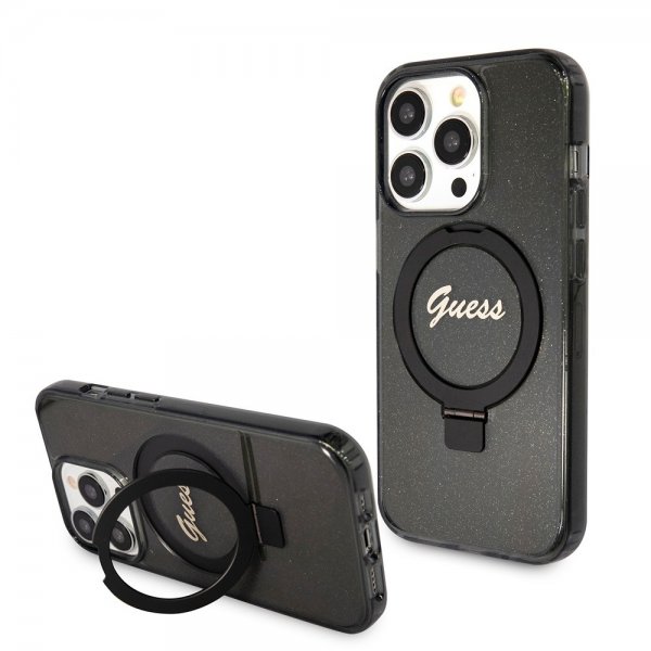 Guess iPhone 15 Pro Deksel Ring Stand Glitter MagSafe Svart