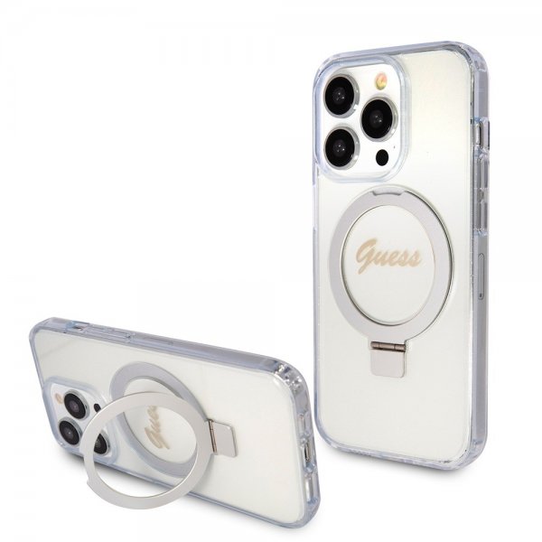Guess iPhone 15 Pro Deksel Ring Stand Glitter MagSafe Transparent