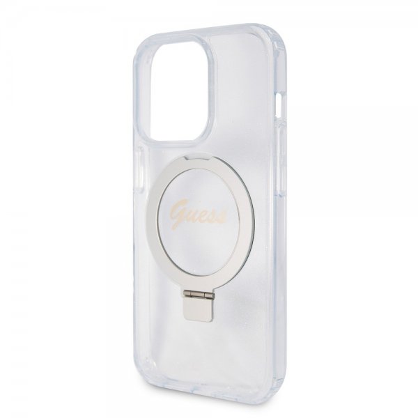 Guess iPhone 15 Pro Deksel Ring Stand Glitter MagSafe Transparent