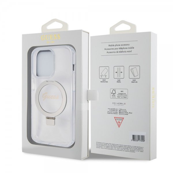Guess iPhone 15 Pro Deksel Ring Stand Glitter MagSafe Transparent