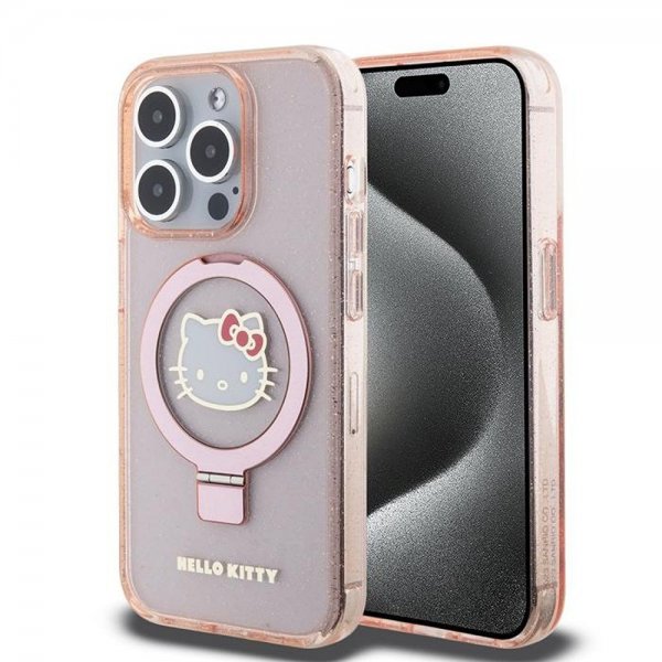 Hello Kitty iPhone 15 Pro Deksel Ring Stand MagSafe Rosa