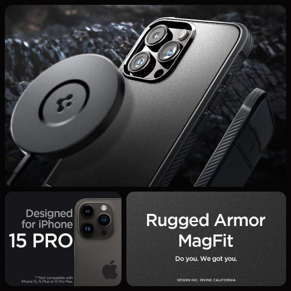Spigen iPhone 15 Pro Deksel Rugged Armor MagFit Matte Black