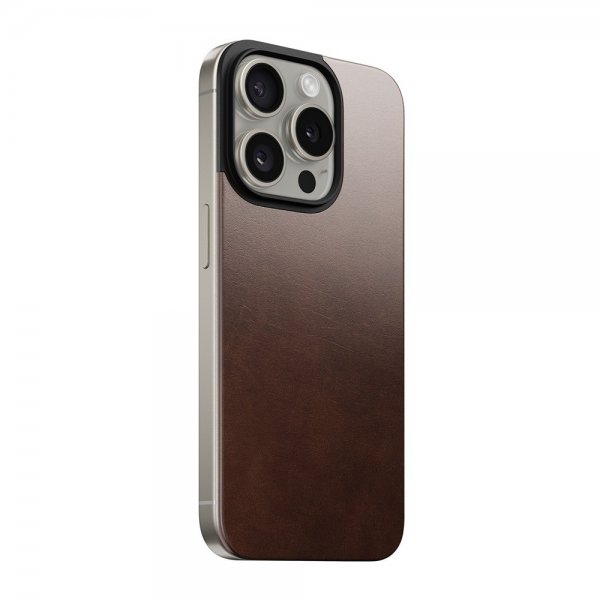 Nomad iPhone 15 Pro Skin Magnetic Leather Back Horween Rustic Brown