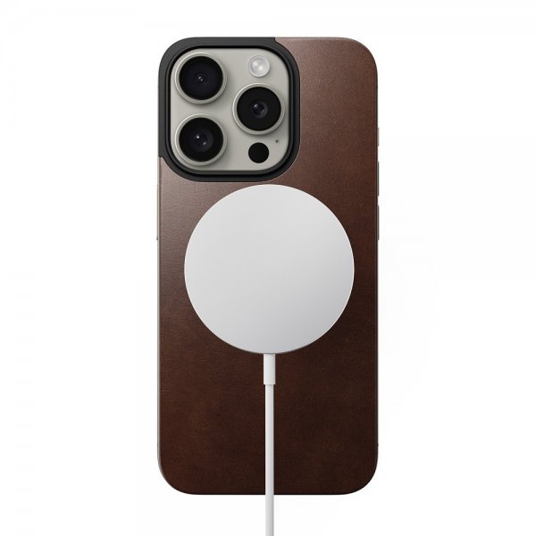 Nomad iPhone 15 Pro Skin Magnetic Leather Back Horween Rustic Brown