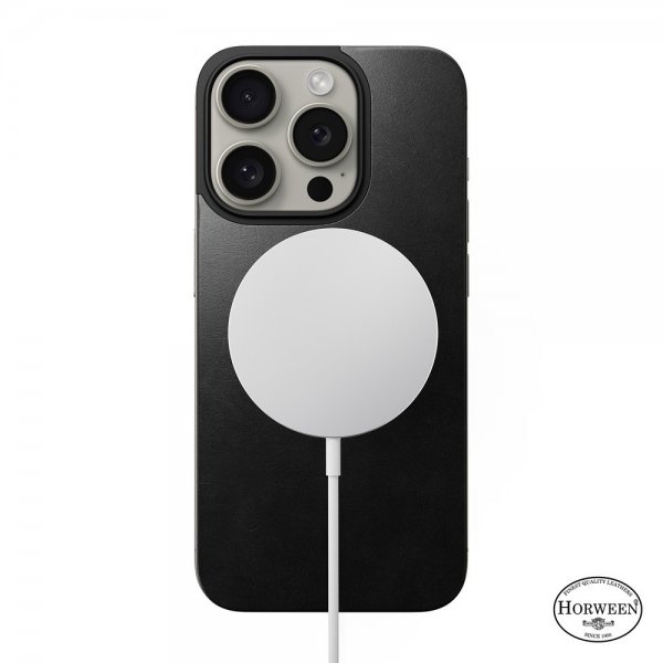Nomad iPhone 15 Pro Skin Magnetic Leather Back Horween Svart
