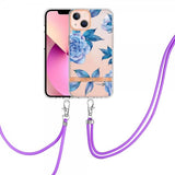 iPhone 15 Deksel Blomstermønster Stropp Blå Pion