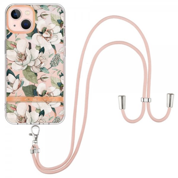 iPhone 15 Deksel Blomstermønster Stropp Grønn Gardenia
