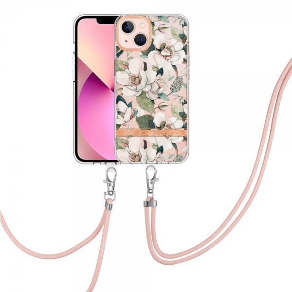 iPhone 15 Deksel Blomstermønster Stropp Grønn Gardenia