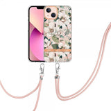 iPhone 15 Deksel Blomstermønster Stropp Grønn Gardenia