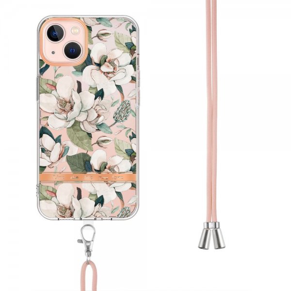 iPhone 15 Deksel Blomstermønster Stropp Grønn Gardenia