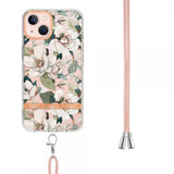 iPhone 15 Deksel Blomstermønster Stropp Grønn Gardenia