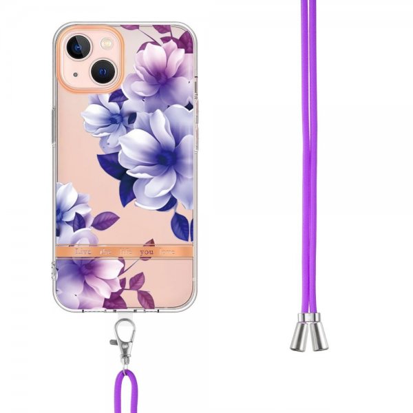 iPhone 15 Deksel Blomstermønster Stropp Lilla Begonia