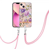 iPhone 15 Deksel Blomstermønster Stropp Lilla Pion