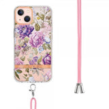 iPhone 15 Deksel Blomstermønster Stropp Lilla Pion