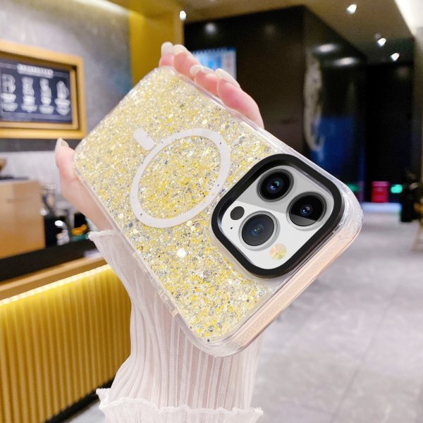 iPhone 15 Deksel Glitter MagSafe Gul