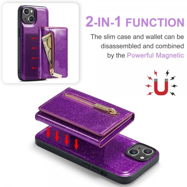 Dg.Ming iPhone 15 Deksel M3 Series Avtakbart Kortholder Glitter Lila