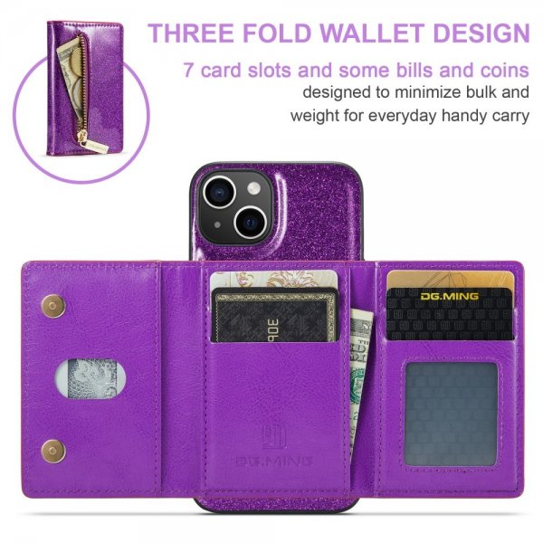 Dg.Ming iPhone 15 Deksel M3 Series Avtakbart Kortholder Glitter Lila