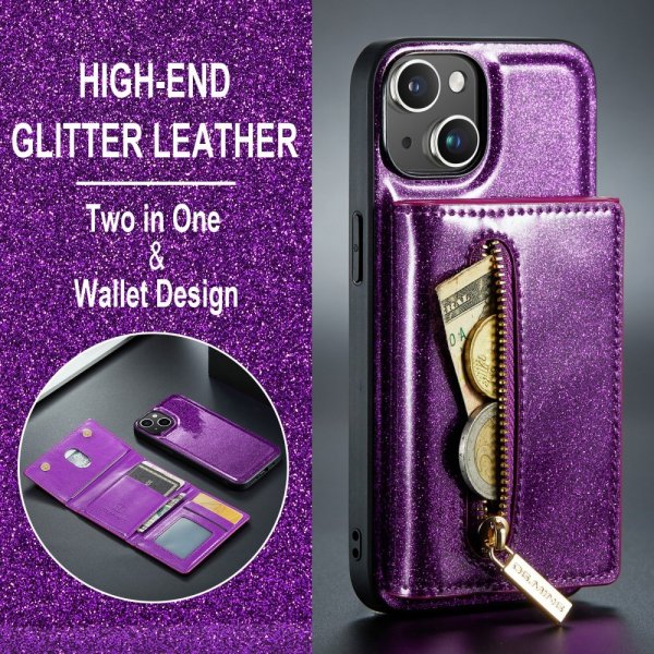 Dg.Ming iPhone 15 Deksel M3 Series Avtakbart Kortholder Glitter Lila