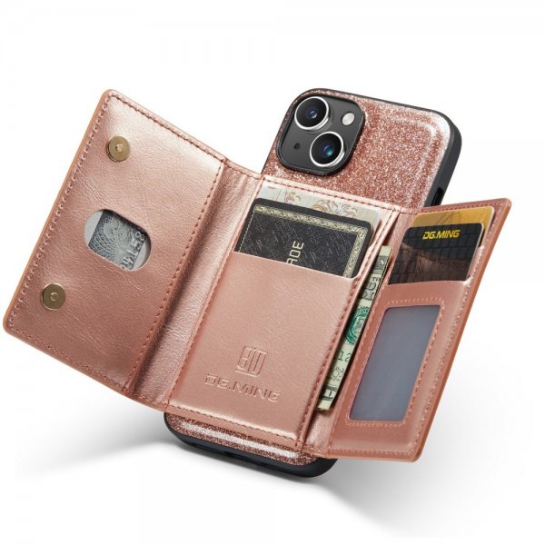 Dg.Ming iPhone 15 Deksel M3 Series Avtakbart Kortholder Glitter Rosegull