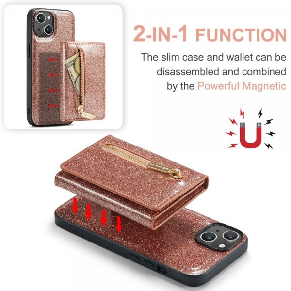 Dg.Ming iPhone 15 Deksel M3 Series Avtakbart Kortholder Glitter Rosegull