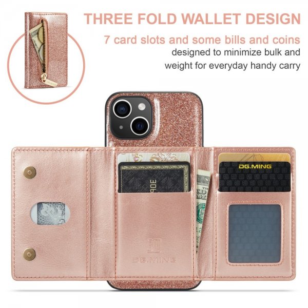 Dg.Ming iPhone 15 Deksel M3 Series Avtakbart Kortholder Glitter Rosegull