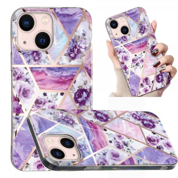 iPhone 15 Deksel Marmormønster Blomster Lilla