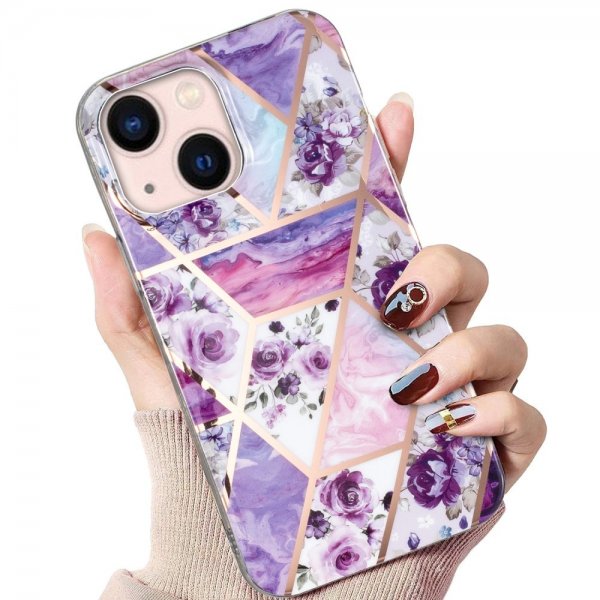 iPhone 15 Deksel Marmormønster Blomster Lilla