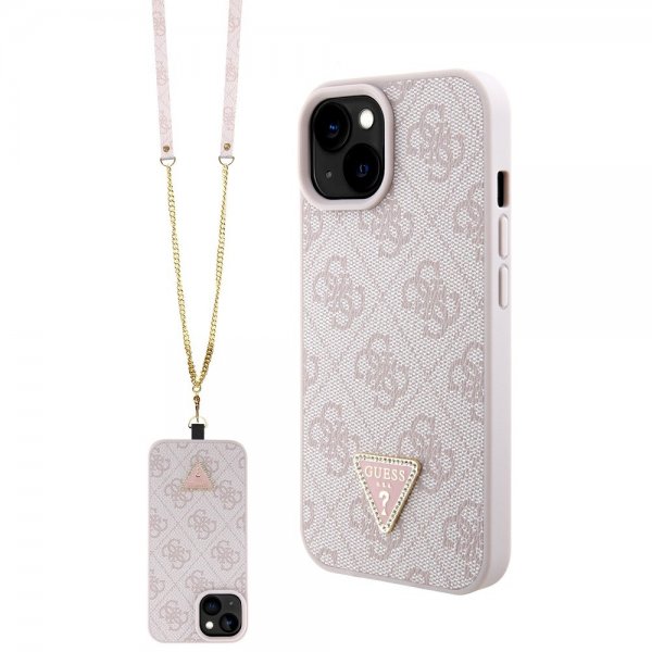 Guess iPhone 15 Deksel Metal Logo Strass Crossbody Strap Rosa