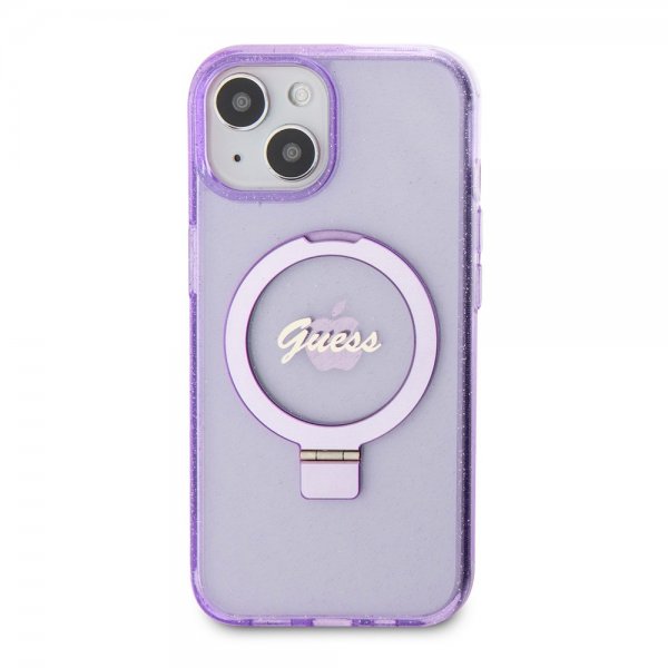 Guess iPhone 15 Deksel Ring Stand Glitter MagSafe Lilla