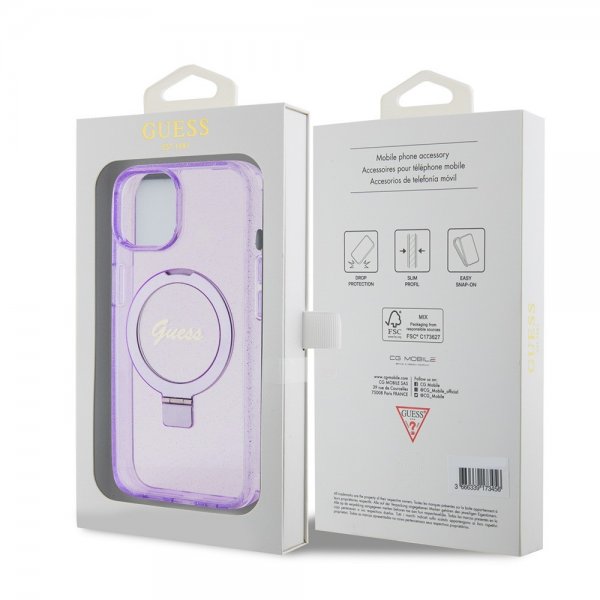 Guess iPhone 15 Deksel Ring Stand Glitter MagSafe Lilla