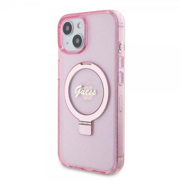 Guess iPhone 15 Deksel Ring Stand Glitter MagSafe Rosa