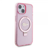 Guess iPhone 15 Deksel Ring Stand Glitter MagSafe Rosa