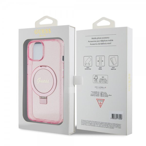 Guess iPhone 15 Deksel Ring Stand Glitter MagSafe Rosa