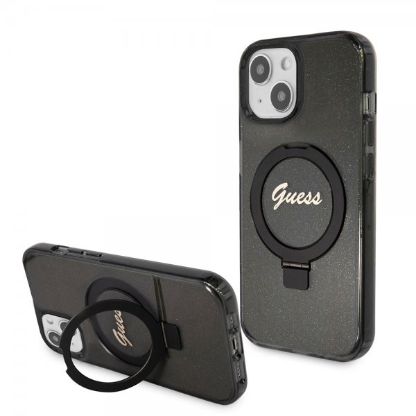 Guess iPhone 15 Deksel Ring Stand Glitter MagSafe Svart