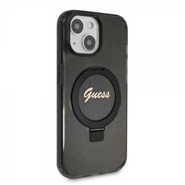 Guess iPhone 15 Deksel Ring Stand Glitter MagSafe Svart